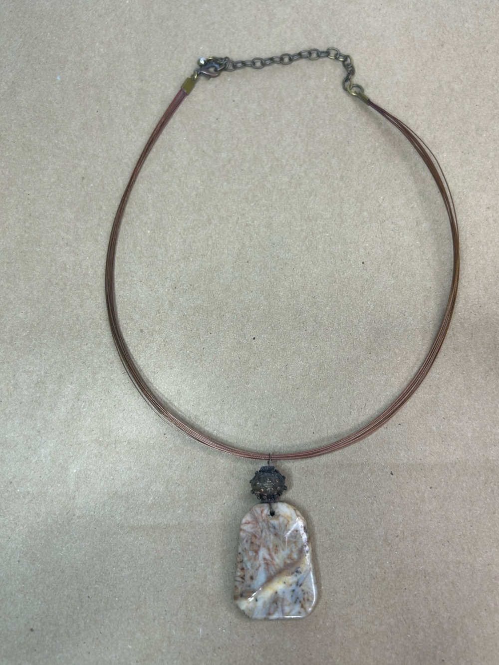 Natural Stone Pendant Copper Tone Wire Chain Necklace Boho Necklace